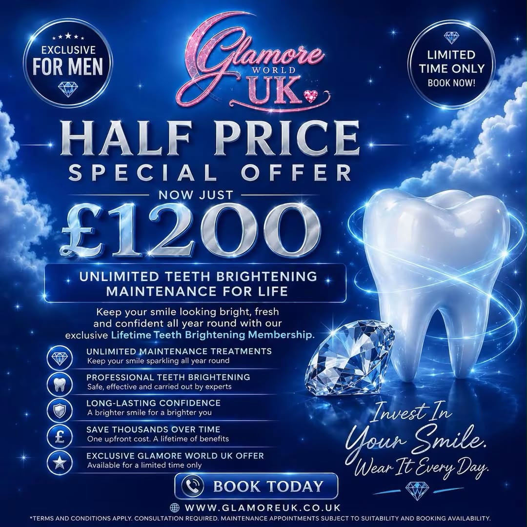 Square social media post for Glamore World UK teeth whitening, second audience treatment