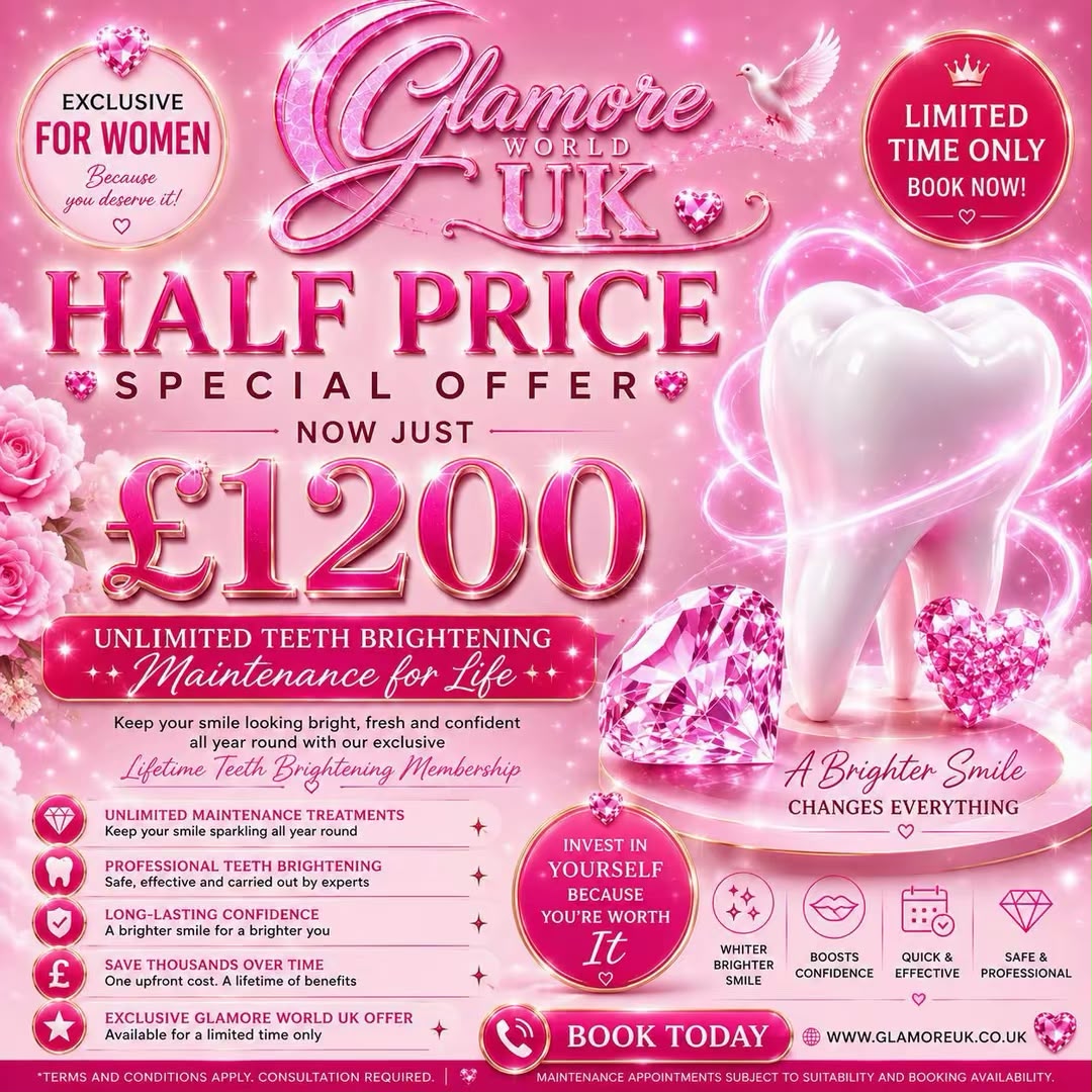 Square social media post for Glamore World UK teeth whitening, first audience treatment