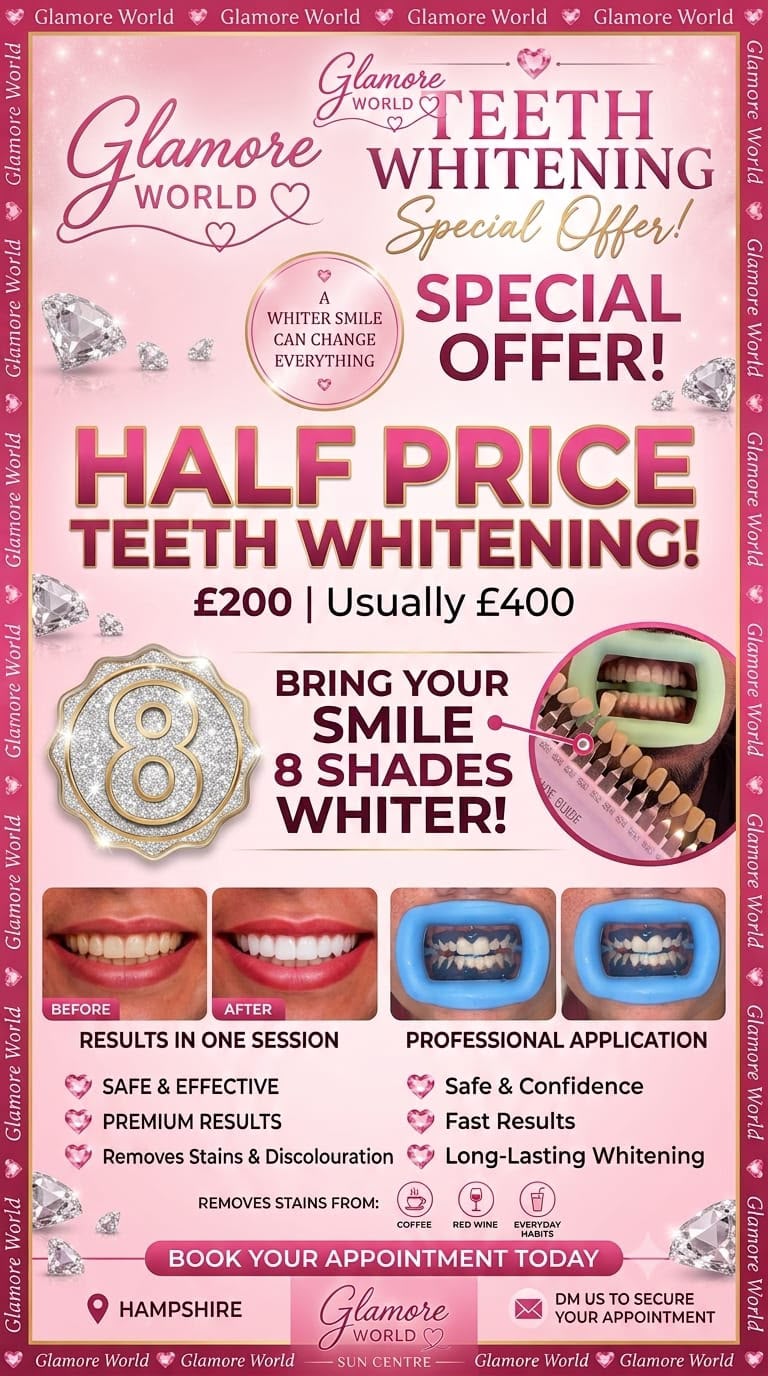 Long-form half-price teeth whitening promotional poster for Glamore World UK